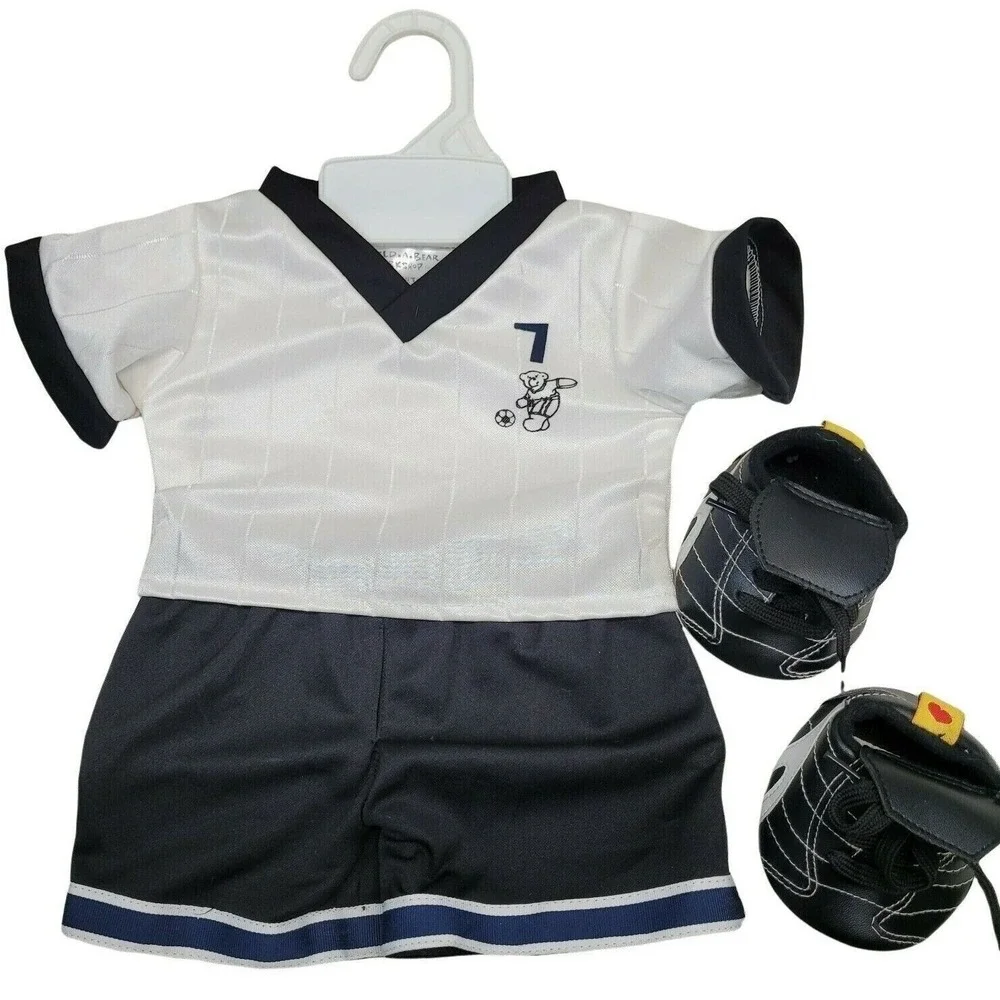 Build-A-Bear Soccer Uniform Set White Black Jersey Shorts Cleats 3pc Clothes